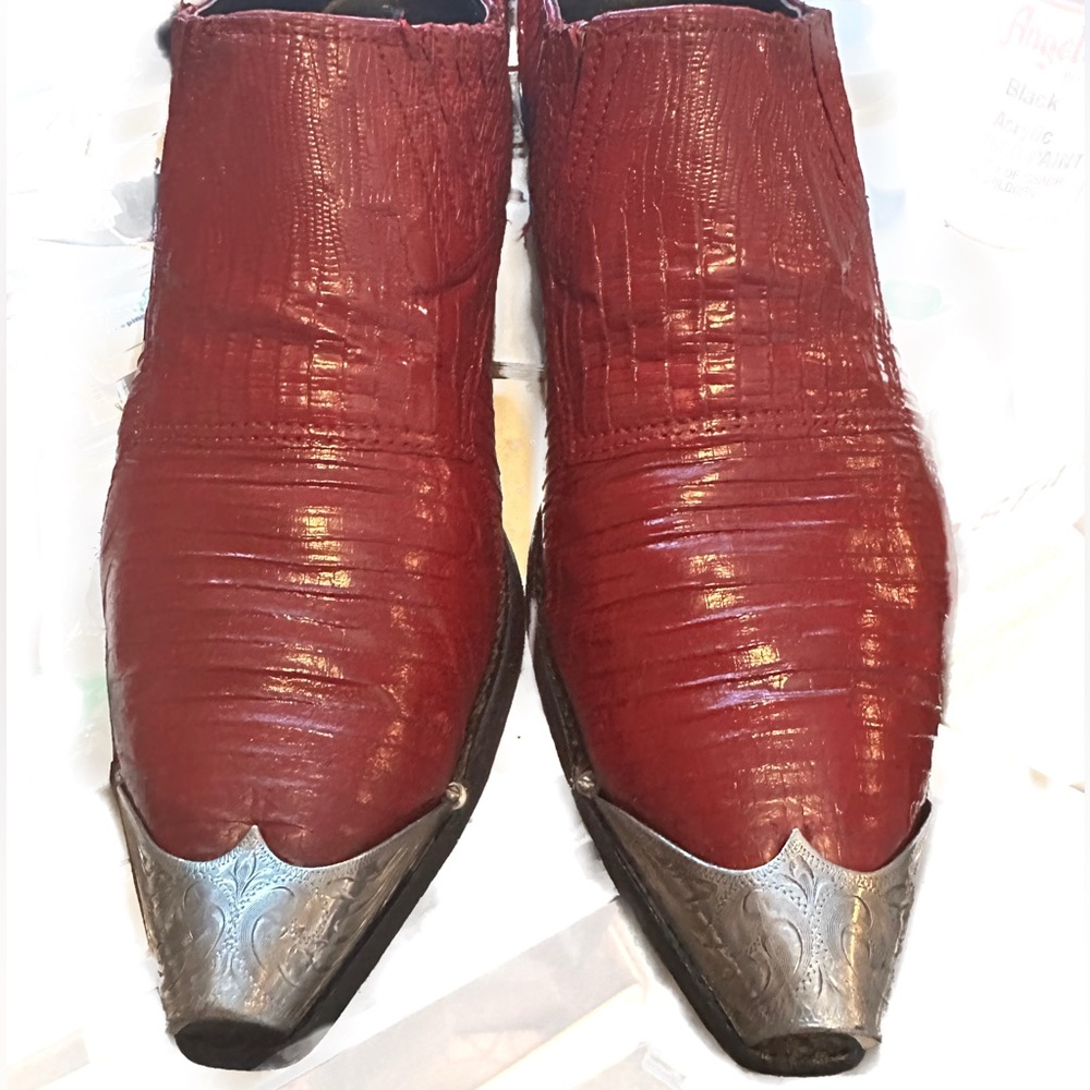 Nocona Red Leather Western Boots with Silver toe caps